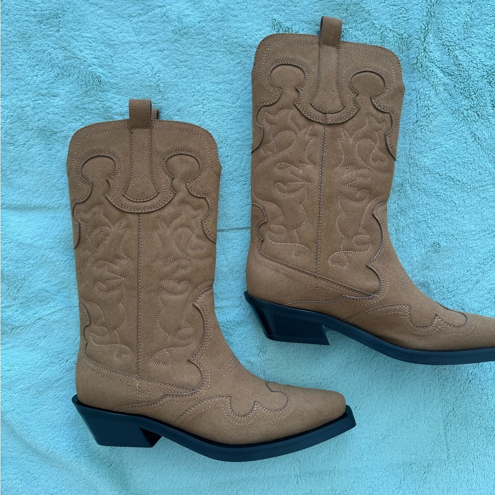 GANNI Mid Shaft Embroidered Western Boots Tobacco Brown EU 40 - Picture 3 of 8